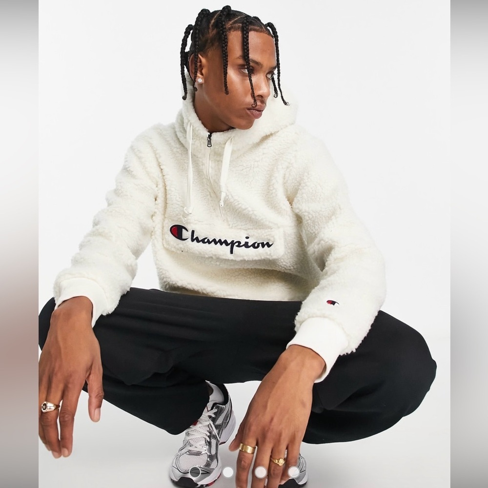 Champion cream quarter zip fleece logo spellout Sherpa‎ Hoodie